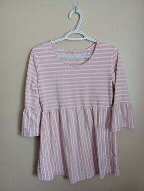 Women's Maternity Size M Pink White Striped Cotton Spandex Baby Doll Shirt Top